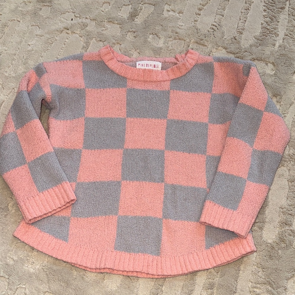 Pink Republic Girl’s Chenille Sweater in Pink and Gray Blocks L/14